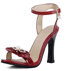 TABKER Hakken Sandalen Lakleer Pomp Vrouwen Zomer Peep Toe Hoge Hak Sandaal Boog Crystal Bead Versieren Enkel Gesp Strap Stiletto's, Rood, 39.5 EU