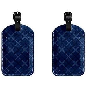 PU lederen bagagelabels met blauwe abstracte geruite latice patroon afdrukken naam ID-labels voor reistas bagage koffer met rug Privacy Cover 2 Pack