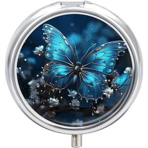 Pillendoosje met spiegel, 3 compartimenten, blauwe vlinder en maan, pillendoosje voor portemonnee, wekelijkse pillenorganizer, reismedicijnkoffer, draagbare pillenhouder voor dagelijks gebruik