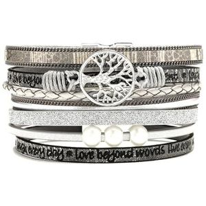 Handgeweven wikkelarmband met magnetische sluiting, casual armband in Boheemse stijl, meerlagige leren wikkelarmband, cadeau for vrouwen(Gray)