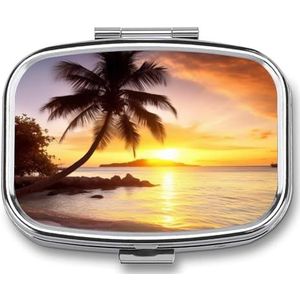 Pillendoos Draagbare Zonsopgang Tropische Palmboom Eiland Pil Organizer Reizen Pil Case voor Pocket Of Portemonnee Geneeskunde Pil Container met Spiegel 2 Compartimenten Dagelijkse Geneeskunde
