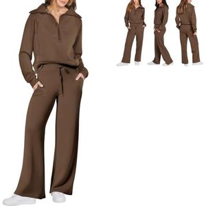 Zhongle Dames 2 Stuks Sweatsuit Set,2024 Lange Mouwen Halve Ritssweatshirt Brede Been Sweatbroek Loungesets voor Vrouwen (Bruin,Medium)