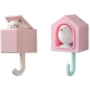 Wandgemonteerde haken, aluminium rijhaken achter de deur, massief houten sleutelhaken, multifunctionele deurhaken (Color : Pink Bird Cat)