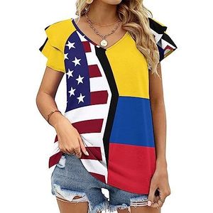 Amerikaanse en Colombiaanse vlag dames casual tuniek tops ruches korte mouwen T-shirts V-hals blouse T-shirt