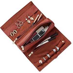 Roll Up Cosmetische Tas Draagbare Reizen Make-up Tas Kleine Lederen Sieraden Organizer Reizen Accessoires voor Vrouwen Meisjes Dames, Bruin