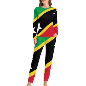 Saint Kitts en Nevis vlag zachte damespyjama lange mouwen warme pasvorm pyjama loungewear sets met zakken 4XL