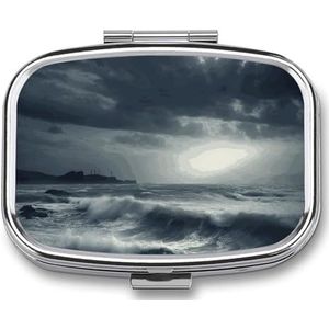 Stormy Sea Pillen-organizer, pillendoos, 2 compartimenten, dagelijkse vierkante medicijncontainer met spiegel, wekelijks, draagbare pillendispenserhoezen voor portemonnee