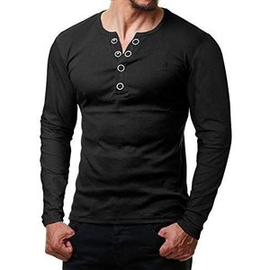 ReRock by Young & Rich T-shirt met lange mouwen voor heren, knoopsluiting, V-hals, Henley shirt, slim fit met grote knopen, serafino shirt, zwart, M