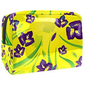 Draagbare make-up tas met rits reizen toilettas voor vrouwen handige opslag cosmetische zakje paarse iris bloem met gele achtergrond