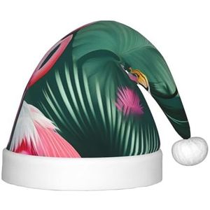 ZISHAK Palmblad en flamingo's paar feestelijke pluche kerstmuts voor kinderen - levendige en duurzame vakantie decoratieve hoed