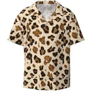 Dieren Luipaard Print Mode Korte Mouw Cubaanse kraag Shirt Mannen Hawaiiaanse Shirts Zomer Strand Vakantie, Zwart, M