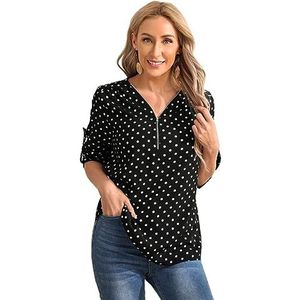 dames topjes Polka Dot Print Half Zip Roll Tab Sleeve Blouse (Color : Black and White, Size : XL)