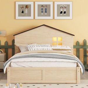 VSOGA 140 x 200 cm huisvormig kinderbed, plat bed, kleine raamdecoratie, led-nachtlampje, massief hout, natuur