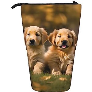 Nbtghga Golden Retriever Honden Puppies Huisdieren Print Potlood Telescopische Klassieke Kunst Stand Up Potlood Case Organizer Potlood Houder Make-up Tas Gift, Zwart, Eén maat