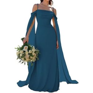KURFACE Spaghetti Strap Chiffon Bruidsmeisjesjurken voor Vrouwen Mouwloze Cape Koude Schouder Formele Avondjurk, Turkoois, 58/Meer