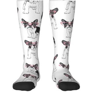 YsoLda Kousen Compressie Sokken Unisex Knie Hoge Sokken Sport Sokken 55Cm Voor Reizen, Zwarte Frenchie Cartoon Franse Bulldog Roze Bril Witte Hond, zoals afgebeeld, 22 Plus Tall