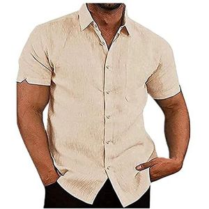 Herenoverhemd Katoen Linnen Korte Mouw Normale Pasvorm Casual Strandoverhemd Normale Pasvorm Zomeroverhemden Met Zak heren t-shirt(Yellow,XXL)