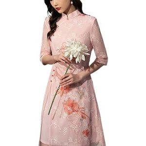 SXTYYH Ao Dai Vietnamese Jurk for Vrouwen Chinees Traditionele Jurk Chiffon Borduurwerk Qipao Zomer Cheongsam Jurk(Pink,3XL)