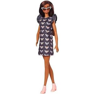 Barbie Fashionistas Pop 140 met lang bruin haar en een jurk met muizenprint, roze laarsjes en zonnebril, speelgoed voor kinderen van 3 tot 8 jaar, GYB01