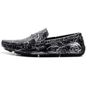 Heren loafers schoen vierkante neus bloemenprint nubuck leer penny rijden loafers antislip lichtgewicht antislip mode instapper (Color : Black Silver, Size : 45 EU)
