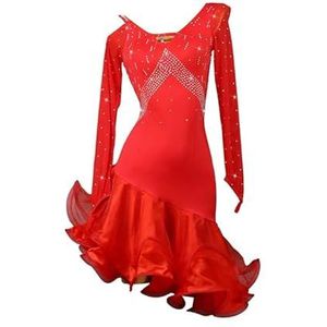 Yhwacyznm Professionele Latijns Amerikaanse dansjurken met lange mouwen voor dames V hals Salsa Ballroom wedstrijdkostuum Tango visgraatrok Strass Cha Cha danskleding,Rood,L