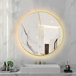 TAISK Ronde LED verlichte badkamerspiegel dimbaar 3 kleurtemperatuur slimme spiegel LED-licht wandgemonteerde make-upspiegel met aluminium frame (kleur: gouden frame, maat: 40 x 40 cm)