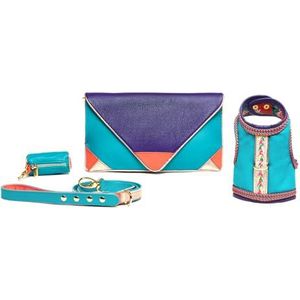 Luxe GROTE leren set voor kleine honden, bestaande uit tuigje, riem, tassenhouder, elegante leren dames clutch tas 35x20cm, geproduceerd in Italië