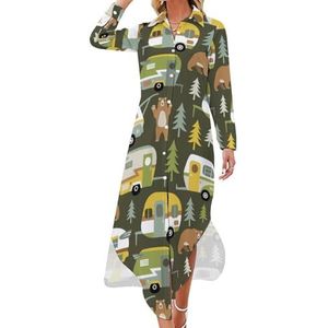 Bears Forest Camping Cars Lange Mouw Maxi Shirt Jurken voor Vrouwen Casual V-hals Knop Blouses 3XL
