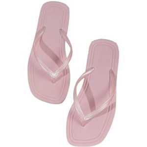 UBOHUZ Dames Flip Flops Zomer Vrouwen Flip Flops Casual Comfortabele Antislip Lichtgewicht Indoor Outdoor Strand Vierkante Hoofd EVA Platte Sandalen Voor Strand, Indoor, roze, 42-43