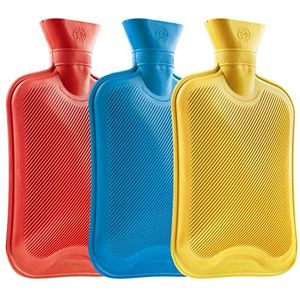 Hot Water Fles Grote 1.8L Rubber Warm Water Bag 1, 2 of 3 Pack Geribbeld Oppervlak Eén Kant voor Pijnverlichting Warm Koud Kompres Krampen Rugpijn Nekpijn (Blauw/Rood/Geel, 3 stuks)