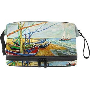 Make-up tas - grote capaciteit reizen cosmetische tas, kleurrijke boot schilderij kunst, Meerkleurig, 27x15x14 cm/10.6x5.9x5.5 in