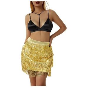 LHSJYG Pailletten Rok Vrouwen Pailletten Franje Rok Glitters Elastische Taille Minirok Mini Rok voor Dance Rave Party Zwart/Zilver/Goud/Rood, Goud, L