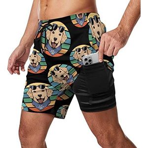 Retro Golden Retriever Hond Heren Zwembroek Sneldrogende 2 in 1 Strand Sport Shorts met Compressie Liner En Pocket