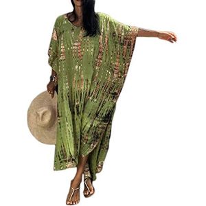Kaftanjurk voor dames, ruime, losse, lange kaftans met korte mouwen, tuniek, kimono voor dagelijks gebruik, badkleding voor op het strand, badpak, loungewear, badjassen, Groen, one size