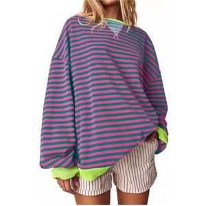 Gestreepte trui Dames Oversized gestreept sweatshirt Kleurblok Sweatshirt met lange mouwen en ronde hals Los truishirt (Color : Purple Pink, Size : L)