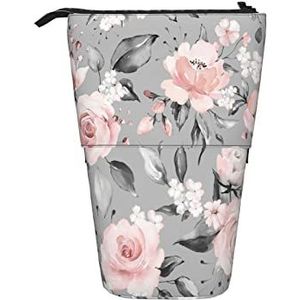 351 Etui Vintage Roze Rozen Bloem Grijze Bloemen Bladeren Patroon Studenten Briefpapier Case Grote Capaciteit Tiener Briefpapier Telescopische Pouch Duurzaam Kantoor Stand Up Pen Tas, Etui 2498, Eén