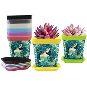8-pack vierkante plastic plantenbakken met drainagegaten en schotels bloempotten zaailing groene zeemeermin kwekerij pot