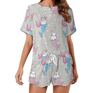 Magische schattige konijnen zeemeerminnen zachte damespyjama met korte mouwen loungewear met zakken cadeau voor thuis strand 5XL
