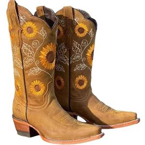 Lmtossey Dames geborduurde laarzen bedrukt glitter westerse cowboy laarzen retro teen mid kalf blokhak laarzen, donkerbruin, 42.5 EU