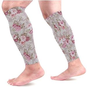 EZIOLY Roze Bloemen Sport Kalf Compressie Mouwen Been Compressie Sokken Kalf Guard voor hardlopen, Fietsen, Moederschap, Reizen, Verpleegkundigen
