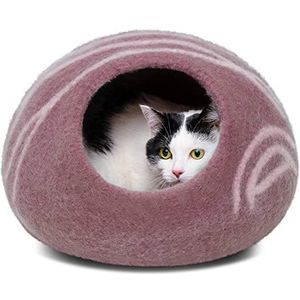 MEOWFIA Premium vilten kattenbed Cave - handgemaakt 100% merinowol schuilplaats voor katten en kittens (levendige tinten) (sneeuwluipaard, medium)