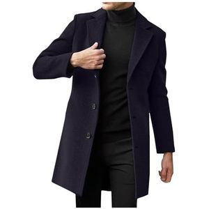 Herenjas Winter Warme Bovenkleding Zakelijke Outfitjas Lange Winterjas For Heren Slim Fit Casual Wollen Jas Trenchcoat Gekerfde Kraag Met Knoopsluiting M-5XL(Navy blue,3XL)