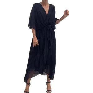 CupitiDU Stijlvolle en elegante maxi-jurk met V-hals, elegante vloeiende chiffon maxi-zomerjurk met korte mouwen voor dames, Zwart, 5XL