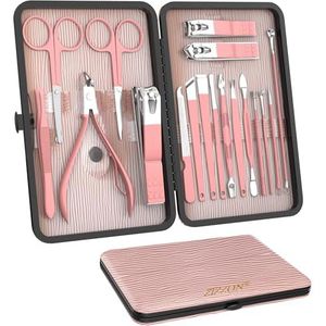 ZIZZON Manicureset 18 in 1 Professionele Pedicureset Nagelschaar Verzorgingsset met leren reiskoffer Roze