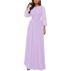 KURFACE Bruidsmeisjesjurken met lange mouwen, geplooide ronde hals, chiffon, bruidsmeisje, formele avondjurk, Lila, 32