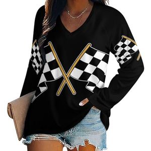 Racing geruite vlag dames V-hals shirt lange mouwen tops casual losse pasvorm blouses