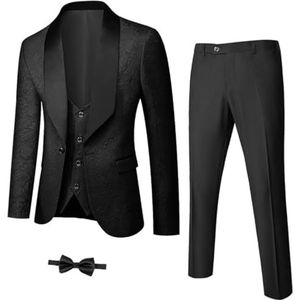 Heren 3-delige luxe smoking set jacquard slim fit sjaal revers jas vest en broek premium smoking voor mannen, Zwart, S
