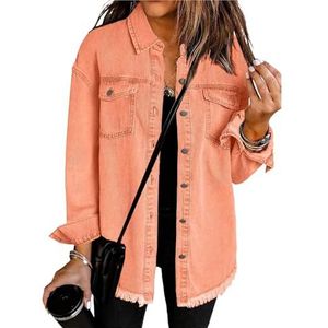 KIHFSODN Dames Denim Jack Oversized Button Down Shacket Lange Mouw Revers Shirt Casual Boyfriend Jack(Orange,XXL)