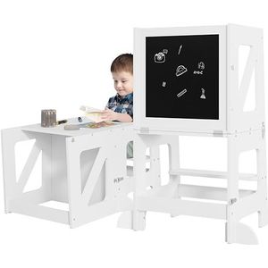 WOLTU 3-in-1 Montessoriaanse toren, Montessoriaanse kinderladder, leertoren, converteerbaar, met bord, veiligheidsstang, voor kinderen vanaf 12 maanden, wit