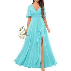 Chiffon bruidsmeisjesjurken voor dames, met spleetplooien, formele avondjurken, grote maten, Turkoois, 48 grote maten